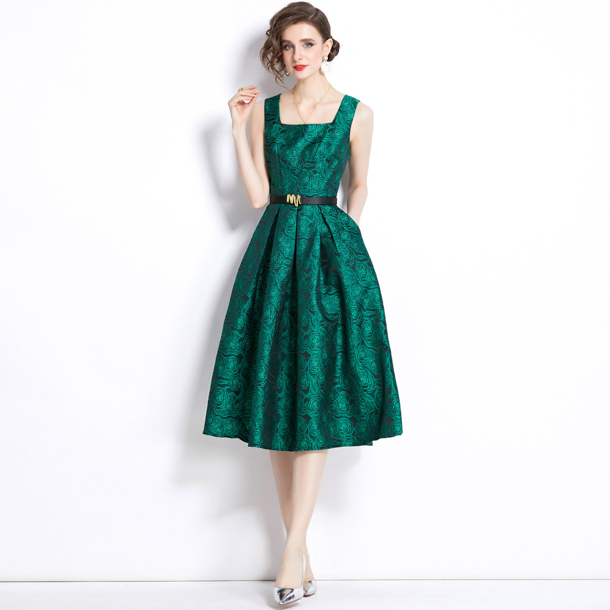Sleeveless Square Neck Self Texture Jacquard Pleated Fitted Dress With Belt - 2089#701 (EOSS)
